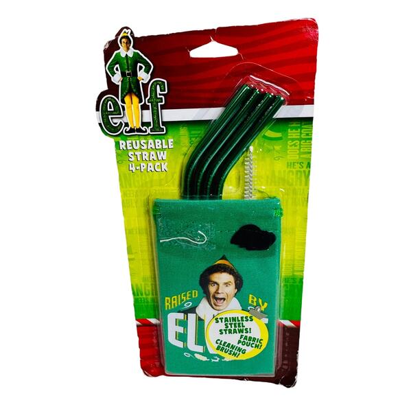 ELF Christmas Reusable Green Stainless Steel Metal Straws w Pouch Cleaning Brush - Picture 1 of 7
